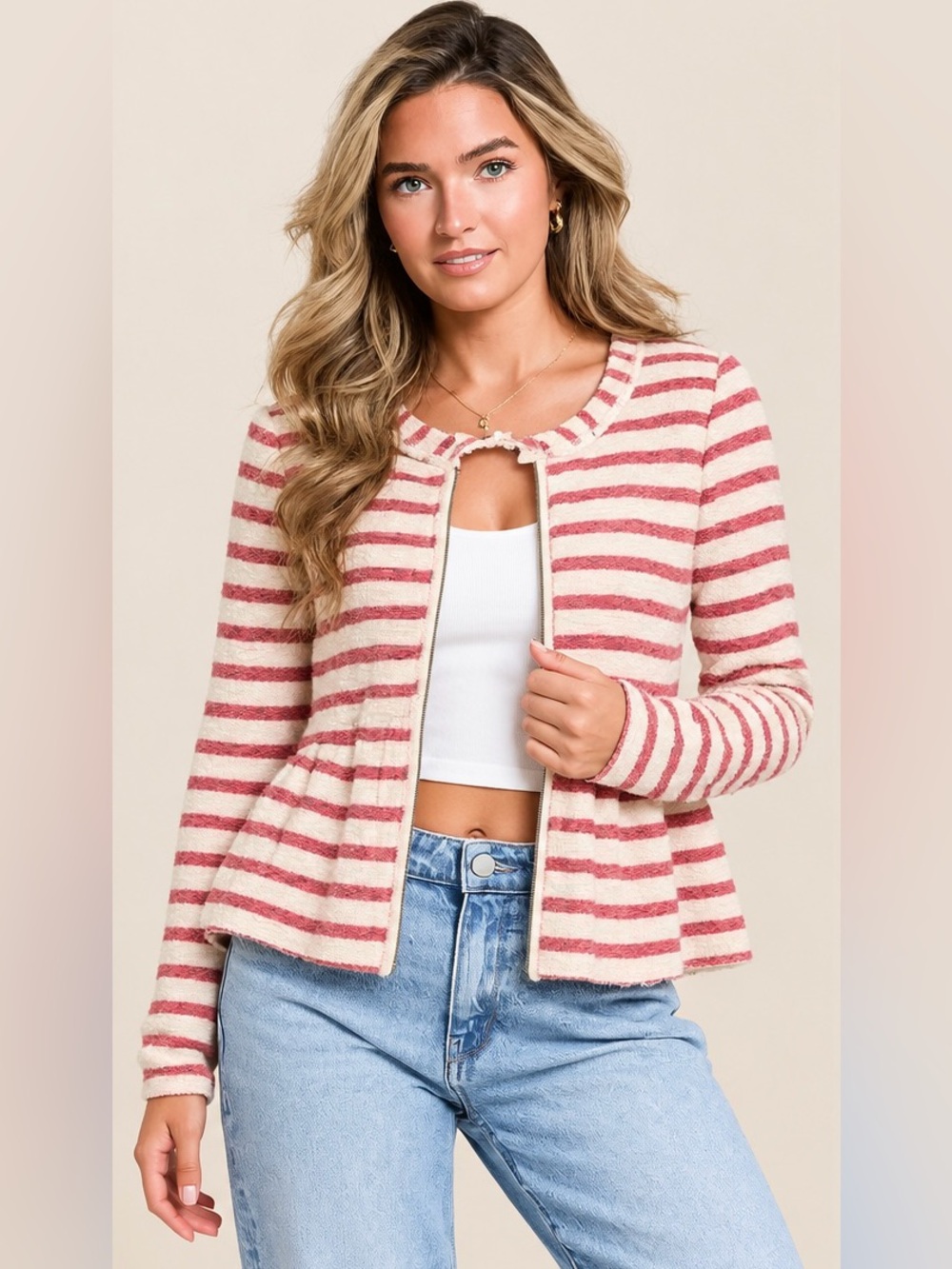 Free People Candy Striped Peplum Zip Up Sweater Jacket Medium Bohemian Red